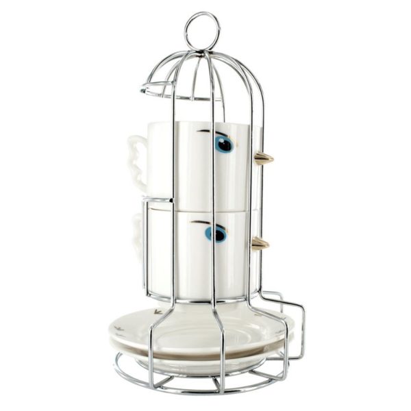 PYL-30270 WHITE - MORNING TWEET set 2 porculanske šalice 10.5x7.4x6.3 s tanjurićima 12.5Ox1.8 cm na stalku, bijele