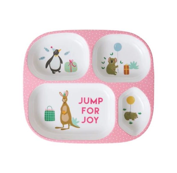 RICE- KIPL4-BIAI Dječji tanjur sa 4 odjeljka, 21,6x24,3 cm, pink, Party Animal Print 