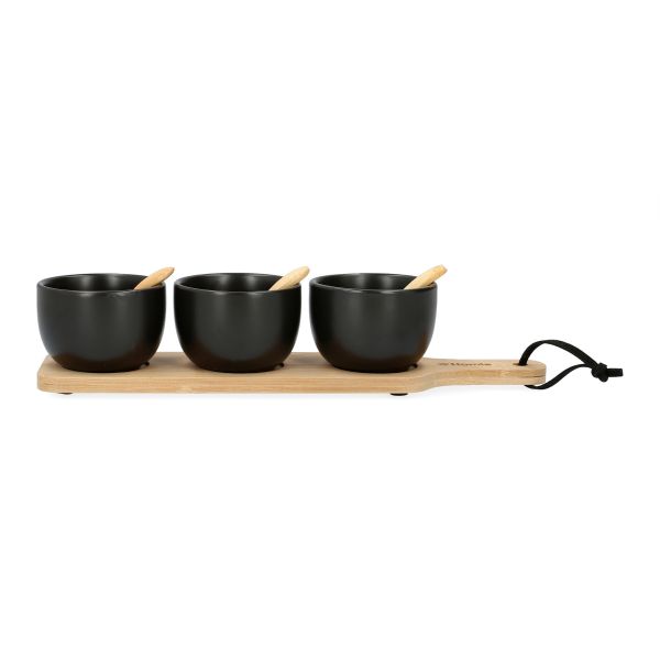 067604 HOMLA-161000 FINCAN zdjelice na podlošku sa žličicama, 32x7 cm, crne, set 7/1 - Slika 1
