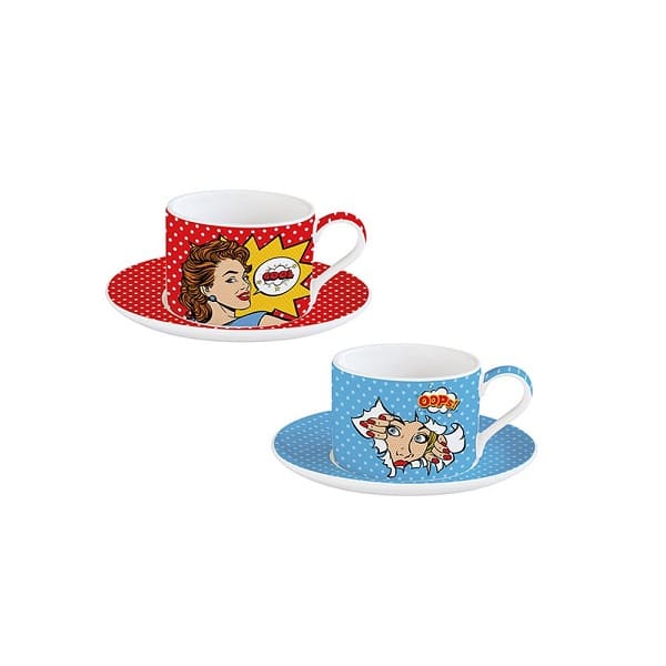 074267 R2S-R0132#POPT Set 2 porculanske šalice 240 ml sa tanjurićem u kutiji, POP ART - Slika 1