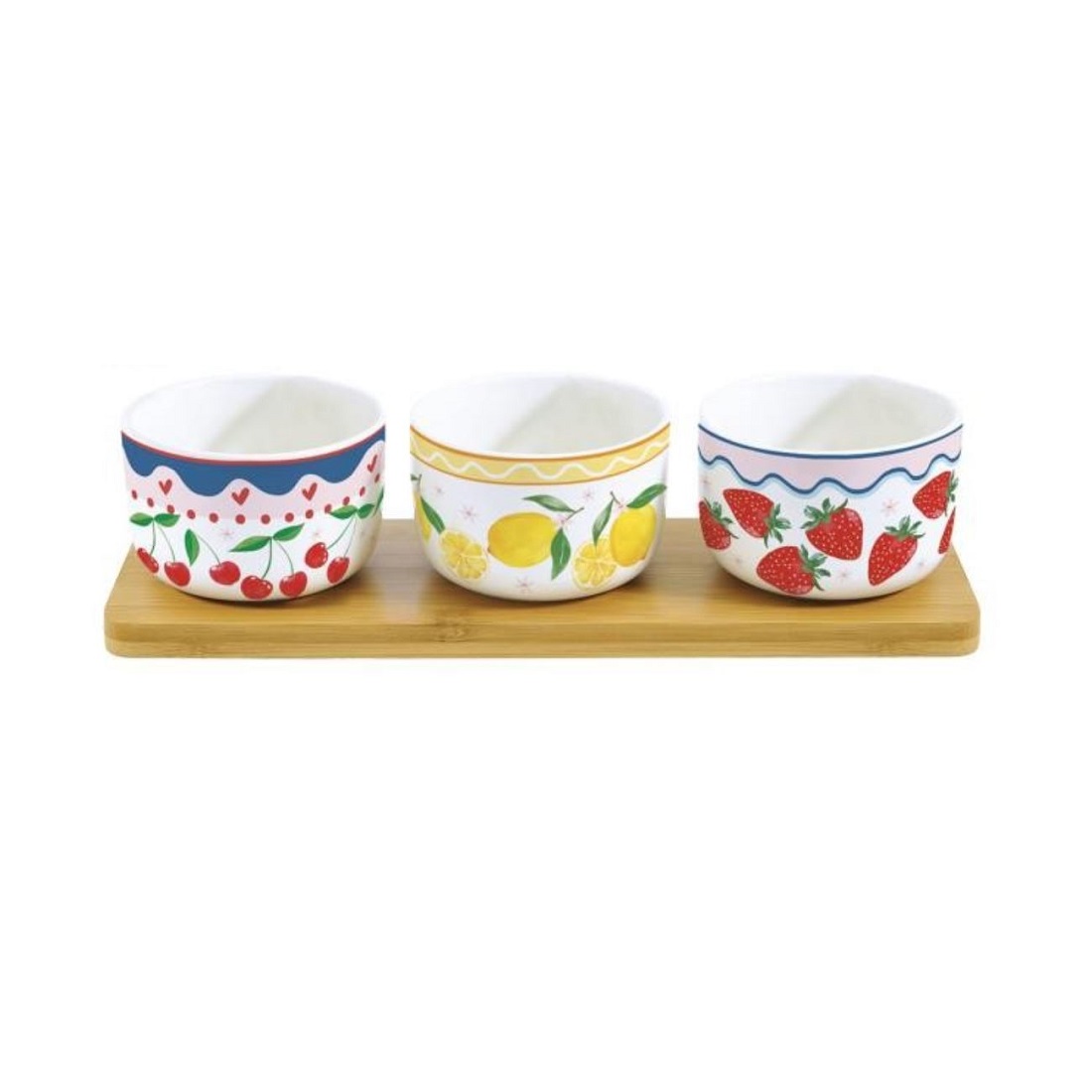 EASY LIFE-R0999#FMAN Set za umake 26x8 cm - 3 porculanske zdjelice na podlošku od bambusa FRUIT MANIA