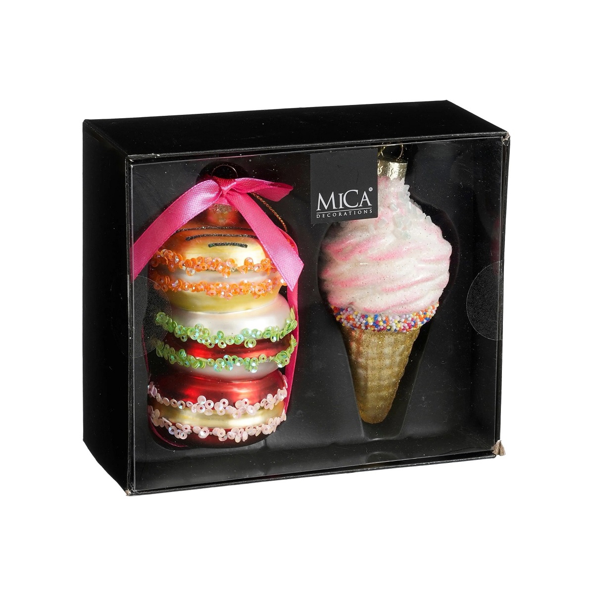 EDELMAN-1180088 Macaron and icecream stakleni ukrasi za bor, 14,5x12,5x6cm, set 2/1