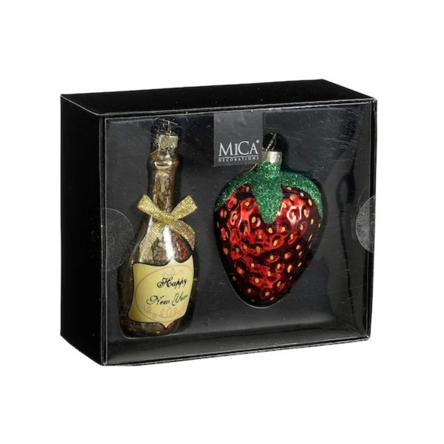 EDELMAN-1180089 Strawberry and champagne stakleni ukrasi za bor, 14,5x12,5x6cm, set 2/1